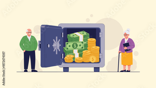 Senior man and woman stand next to a large metal safe overflowing with stacks of cash and gold coins for their retirement savings.