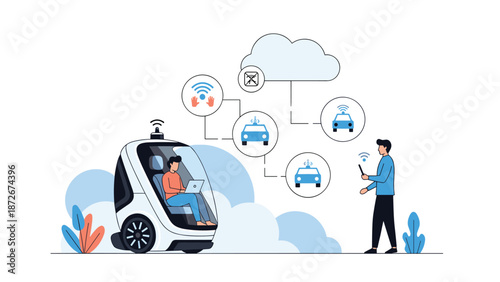 Commuter uses a mobile app to summon and interact with a self driving electric vehicle for a smart transportation experience.