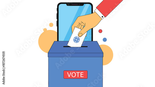Electronic voting process is illustrated by a hand casting a paper ballot into a secure blue box in front of a large smartphone.