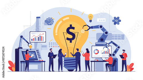 Modern innovation hub features robots and humans working together around a giant lightbulb with a dollar sign for profitable ideas.