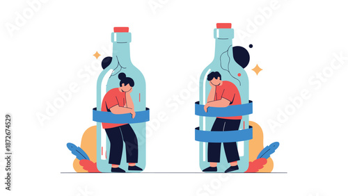 Socially isolated man and woman appear trapped within glass bottles representing loneliness, addiction, or emotional barriers.