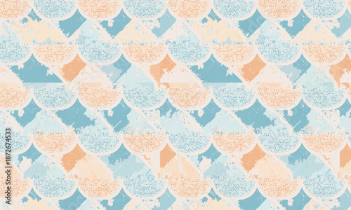 Seamless grunge scallop pattern, Abstract pastel blue and peach fish scale background, Distressed geometric semicircle texture design