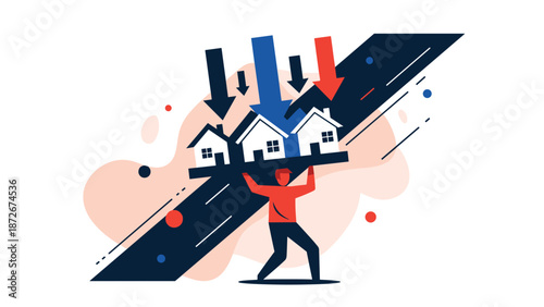 Resilient individual struggles to carry three houses on their shoulders while facing downward pressure from heavy red and blue arrows.