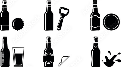 Beer bottle icon set with opener glass cap and splash vector illustration in black and white style