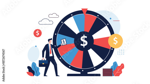 Professional businessman holds a winning ticket next to a large colorful wheel of fortune with a central dollar sign symbol.