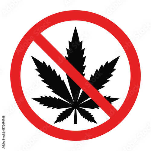 A red prohibition sign clearly displays a black marijuana leaf with a diagonal slash across it