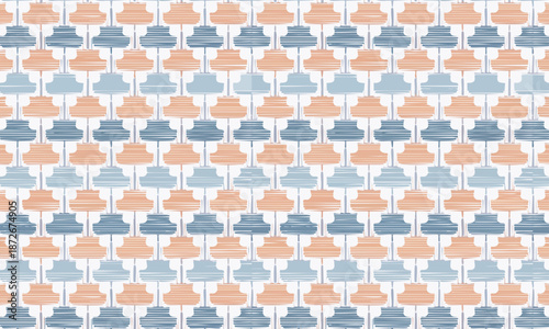 Seamless retro geometric pattern, Abstract blue and peach bell shaped ornament, Mid century modern textile background with watercolor texture