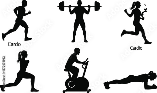Collection of black silhouette icons illustrating various physical fitness exercises including running weightlifting lunges cycling and plank for health and exercise concepts