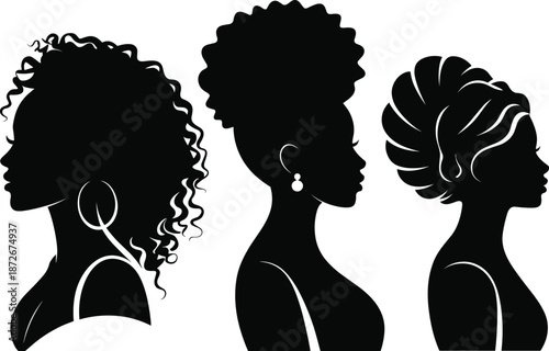 Black women silhouette set, afro hairstyle profiles, natural hair beauty illustration, female portraits, elegant minimalist vector, empowerment concept, clipart.