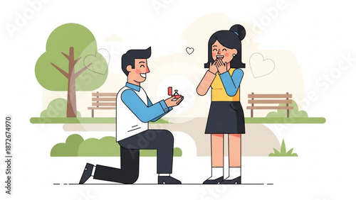 Man proposing marriage with ring box to surprised woman in park romantic proposal illustration for engagement and wedding concepts
