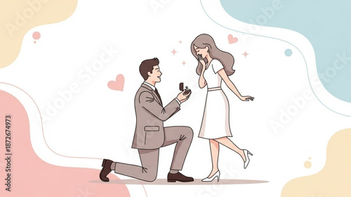 Man proposing marriage to woman with engagement ring romantic proposal scene illustration for love and relationship concepts