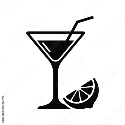 A black and white illustration of a martini glass with a lime wedge and straw