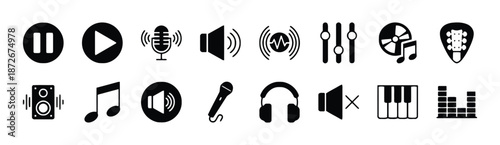 Simple audio music vector icon set for sound and voice system and entertainment industry and music application ui element