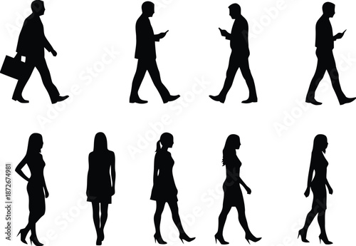 Silhouettes showing person walking holding briefcase and woman walking in heels demonstrating activity and lifestyle on white background