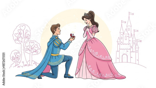 Prince proposes to princess with engagement ring fairytale romance scene with castle and trees in background illustration for childrens stories and romantic concepts