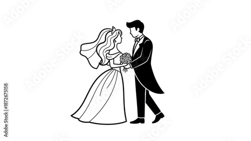 Bride and groom in elegant attire holding hands and a bouquet representing wedding celebration and romance isolated on white background