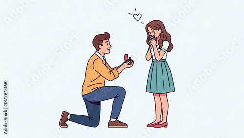 Man proposing to woman with engagement ring romantic gesture of love and commitment illustration for wedding or relationship concepts