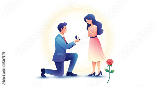 Man proposing marriage to woman with engagement ring and rose romantic proposal scene vector illustration for wedding and relationship concepts