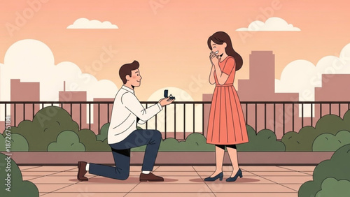 Man proposing marriage with a ring to a surprised woman on a rooftop at sunset romantic proposal concept urban cityscape background