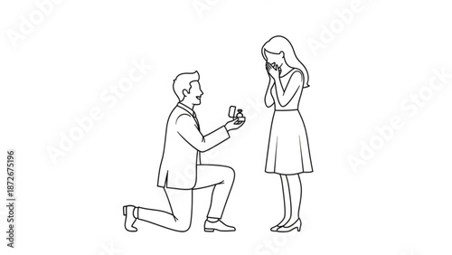 Man proposing with engagement ring to surprised woman romantic gesture line art illustration for wedding or relationship concepts