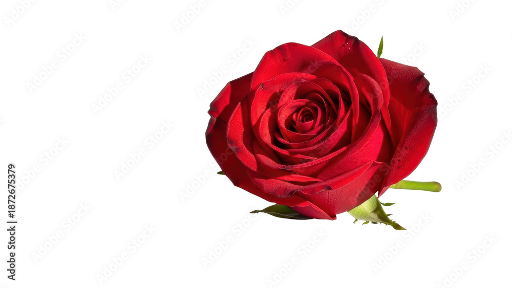 Fototapeta premium Single Red Rose Blossom with Green Stem isolated PNG with Transparent Background