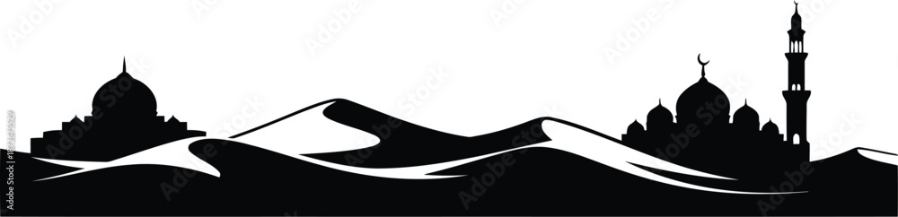 Fototapeta premium Minimalist islamic mosque silhouette with desert landscape Vector