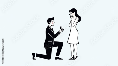 Man proposing marriage with ring box to surprised woman romantic gesture illustration for wedding and relationship concepts isolated on white