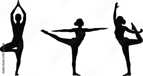 Silhouette of a woman demonstrating three distinct challenging yoga balance poses including tree pose dancer pose and extended hand to big toe variation isolated on white
