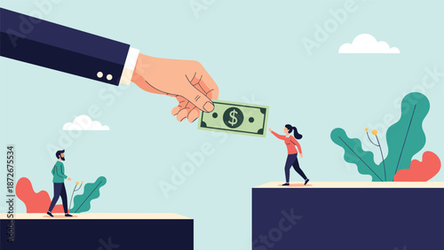 Large hand in a suit provides a dollar bill to a woman across a gap while a man walks away on the other side of a chasm to represent financial aid.