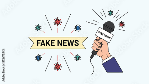 Hand holds a microphone labeled fake news surrounded by floating coronavirus icons to represent media misinformation during a global health crisis.