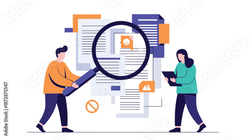 Two people use a giant magnifying glass to examine a pile of business documents and data charts to represent auditing and thorough investigation.