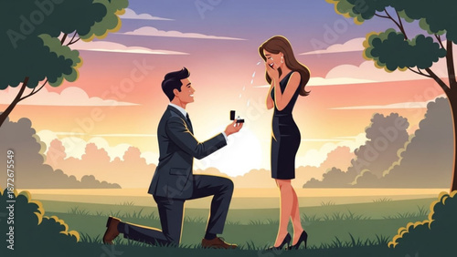 Man proposing marriage to woman with engagement ring in a park at sunset romantic proposal concept for wedding and relationship themes