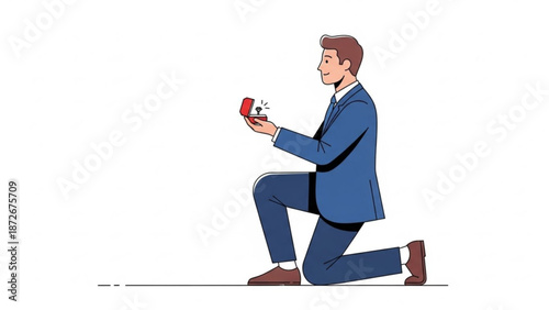 Man proposing with a ring box kneeling in a suit symbolizing marriage proposal and commitment isolated on white background