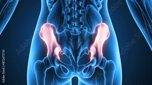 Medical illustration of human pelvis and hip bones in anatomical detail