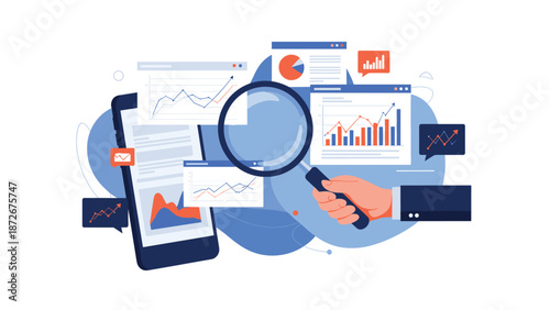 Giant magnifying glass examines a mobile phone and various business data charts to represent mobile analytics and financial market auditing.
