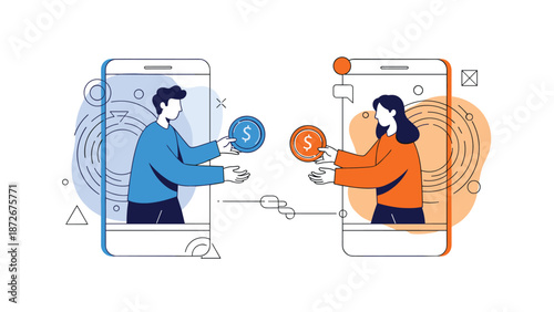 Man and woman on mobile phone screens exchange gold coins to represent digital banking, online payments, and peer-to-peer financial transfers.