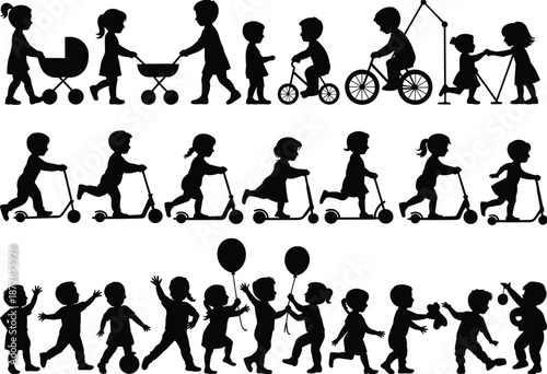 Kids silhouettes set, children playing walking riding scooters bicycles, baby stroller scene, happy childhood activity, black vector icons.