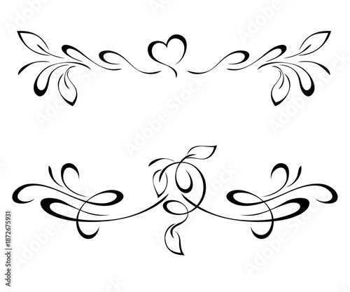 Two decorative symmetrical ornaments with stylized leaves and an ornate pattern; graphic design