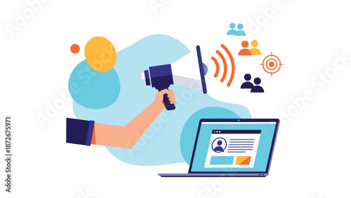 Hand holding megaphone to promote digital content and social media profiles on laptop screen for effective online marketing strategy.