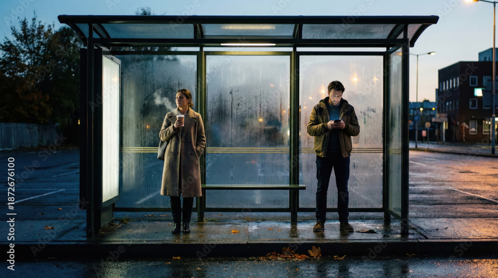 Fototapeta premium Man and Woman Waiting at Glass Bus Stop in Blue Hour