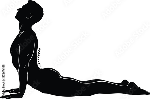 Black silhouette illustration depicting a male figure performing the cobra yoga pose highlighting spinal flexibility and back health awareness in a clean graphic style