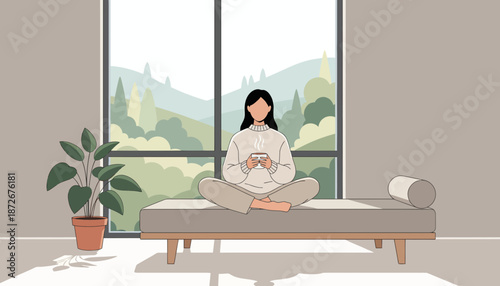 Woman meditating on a daybed in a serene minimalist room.