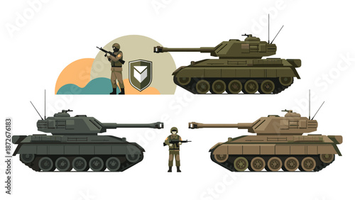 Armored tanks and soldiers in combat gear positioned for military defense and national security operations in a strategic field.