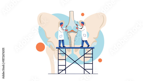 Orthopedic specialists working on large human knee joint model representing advanced surgical procedures and joint health treatments.