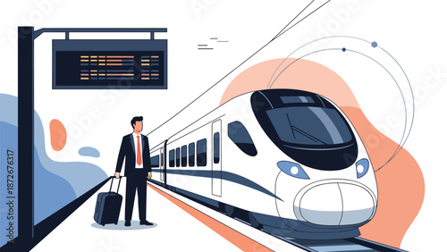 Professional businessman with suitcase standing on station platform waiting for high speed modern train for corporate business travel.