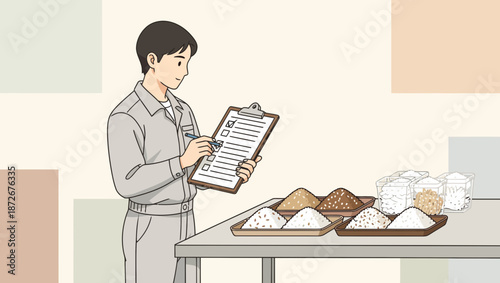 Man in gray uniform inspecting various powders on a table.