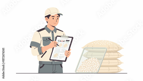Warehouse worker inspecting grain sacks with clipboard.