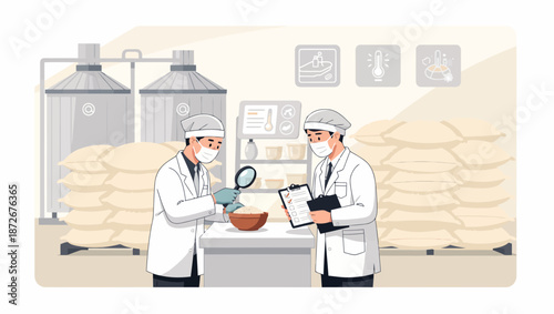 Two laboratory technicians examining a substance in a controlled environment.