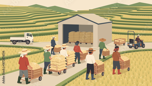 Farmers harvesting and transporting rice in a rural landscape with terraced fields and a storage building.