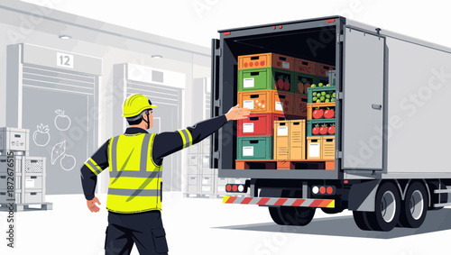 Warehouse worker in safety gear supervising the loading of a large delivery truck filled with stacked boxes and crates at a loading dock.
